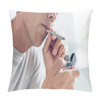 Personality  Cropped View Of Man Lighting Up Blunt With Medical Cannabis Pillow Covers