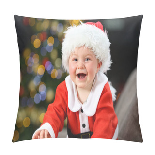 Personality  Joyful Baby Wears Santa Claus Costume On A Couch At Home In Christmas With A Tree In The Background Pillow Covers