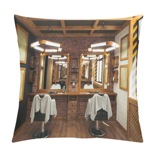 Personality  Modern Empty Barbershop Interior With Chairs, Mirrors And Lamps Pillow Covers