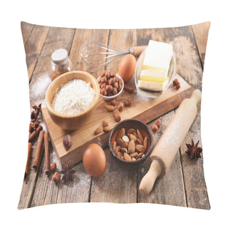 Personality  Assorted Baking Ingredients And Kitchen Items On Wooden Table Pillow Covers