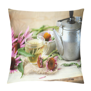 Personality  Echinacea Tea In A Cup. Echinacea Flowers. Teapot And A Cup Of Tea. Pillow Covers