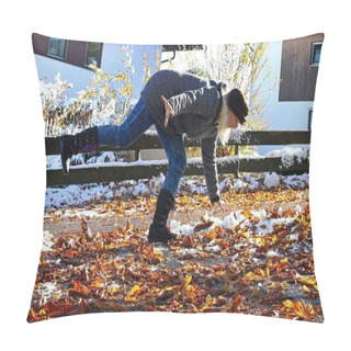 Personality  Risk Of Slipping In Autumn And Winter. A Woman Slipped On Wet, Smooth Leaves Pillow Covers