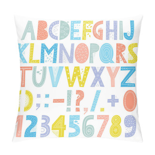 Personality  Cute And Colorful Childish Hand Drawn English Alphabet With Numbers And Symbols. Decorated With Doodle Pattern. Suited For Children's Birthday Invitation Or Other Fun Design. Pillow Covers