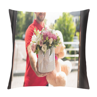 Personality  Cropped View Of Bearded Delivery Man Holding Teddy Bear And Flowers  Pillow Covers