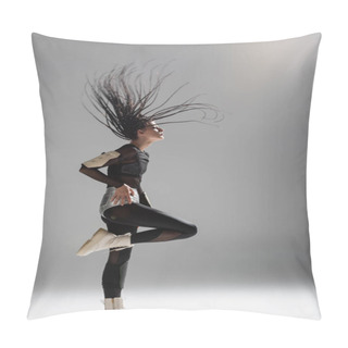 Personality  Side View Of Fit Woman With Dreadlocks Wearing Tight Jumpsuit And Silver Shorts On Grey Background Pillow Covers