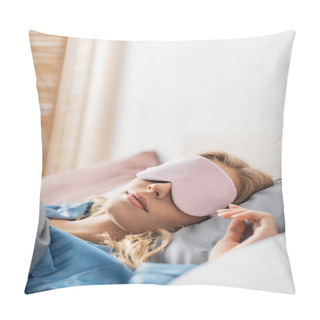 Personality  Blonde Woman In Pink Sleeping Mask And Blue Pajama Resting In Bed  Pillow Covers