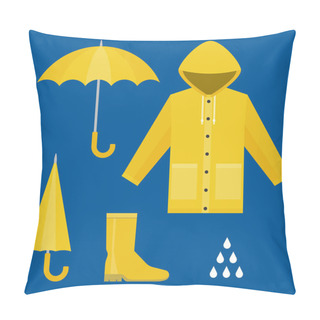 Personality  Raincoat, Rubber Boots, Open And Close Umbrella, Raindrops, Set Of Rainy Season In Flat Design Vector Pillow Covers
