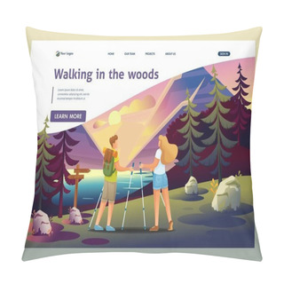 Personality  Young People Walking In The Woods, Doing Nordic Walking Camping. Flat 2D Character. Landing Page Concepts And Web Design Pillow Covers