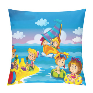 Personality  Kids Playing At The Beach Having Fun By The Sea Or Ocean - Illustration For Children Pillow Covers