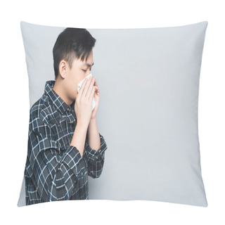 Personality  Young Asian Man Wiping Nose With Paper Napkin While Sneezing Isolated On Grey Pillow Covers