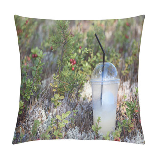 Personality  Plastic Glass With Cocktail And Straw In Pine Forest. Pillow Covers