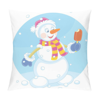 Personality  Cute Snowman With A Santa Hat, A Warm Scarf And Mittens Friendly Smiling And Holding A Chocolate Ice Cream On A Stick, Vector Cartoon Illustration Isolated On A White Background Pillow Covers