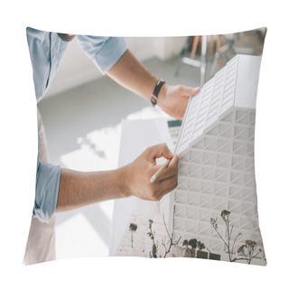 Personality  Cropped Image Of Architect Working With Architecture Model On Table In Office  Pillow Covers