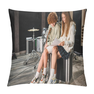 Personality  Stylish Teenage Girl Looking At Lyrics Next To Red Haired Teen Holding Guitar In Music Studio Pillow Covers