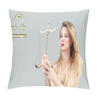 Personality  Libra Zodiac Sign. Astrology And Horoscope Concept. Beautiful Woman With Long Hair Pillow Covers