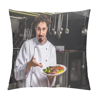 Personality  Handsome Chef Showing Cooked Vegetables With Meat On Plate Pillow Covers