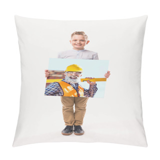 Personality  Little Smiling Boy Pretending To Be Workman, Isolated On White  Pillow Covers