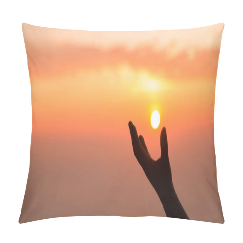 Personality  Silhouette of woman hand praying spirituality and religion, banner and copy space of female worship to god. Christianity religion concept. Christians person are pray humility humble to god. pillow covers