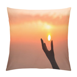 Personality  Silhouette Of Woman Hand Praying Spirituality And Religion, Banner And Copy Space Of Female Worship To God. Christianity Religion Concept. Christians Person Are Pray Humility Humble To God. Pillow Covers