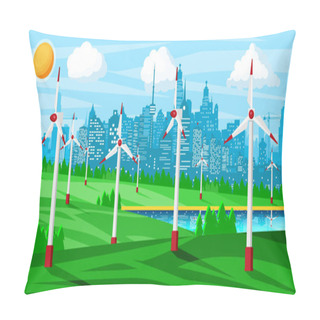 Personality  Wind Farm In Green Fields Among Trees. Pillow Covers
