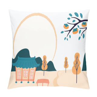 Personality  Hand Drawn Vector Illustration For Mid Autumn Festival In Korea, Chuseok, With Country Landscape, Hanok, Persimmon Tree Branch, Full Moon. Concept For Holiday Card Pillow Covers