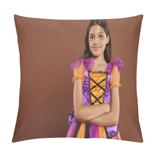 Personality  Pleased Girl In Halloween Costume With Spiderweb Makeup Standing With Folded Arms On Brown Backdrop Pillow Covers