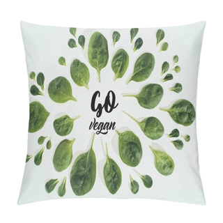 Personality  Top View Of Beautiful Fresh Green Leaves And Words Go Vegan Isolated On Grey Pillow Covers