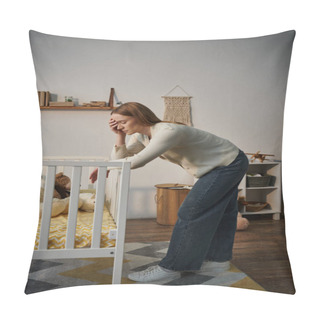 Personality  Frustrated Woman Standing Near Crib With Soft Toys In Bleak Nursery Room At Home, Unhappiness Pillow Covers