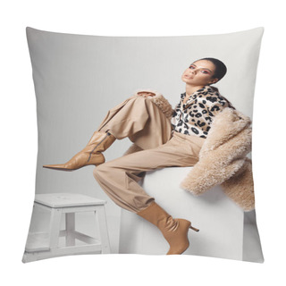 Personality  Brunette In Leopard Shirt Autumn Fashion Brown Boots Studio Pillow Covers