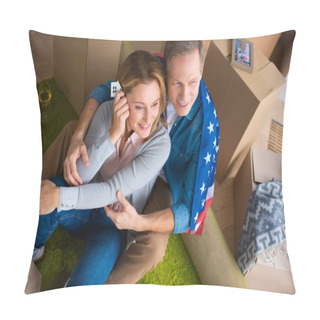 Personality  Happy Woman Holding Keys With House Model Trinket While Sitting On Floor With Husband Pillow Covers