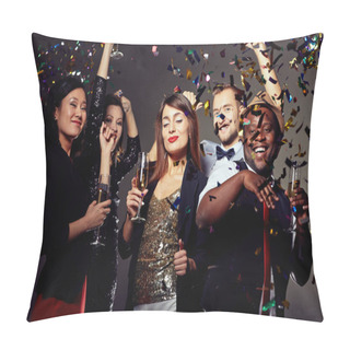 Personality  Joyful Party At Full Speed: Five Smiling Friend In Evening Wear Dancing And Drinking Champagne At Night Club, Colorful Confetti Falling, Dark Background Pillow Covers