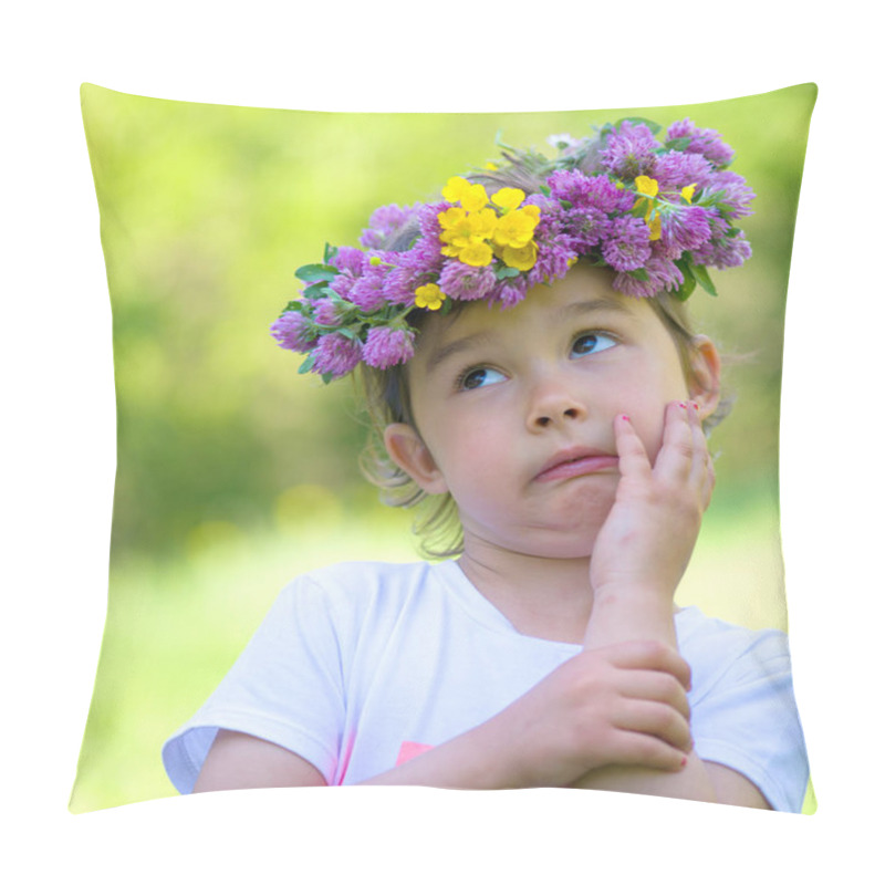 Personality  little girl with a wreath of flowers on her head making a silly face pillow covers