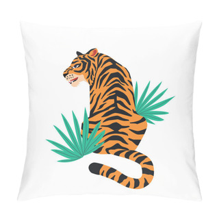 Personality  Vector Card With Cute Tiger On White Background And Tropical Leaves. Beautiful Animal Print Design For T-shirt. Pillow Covers