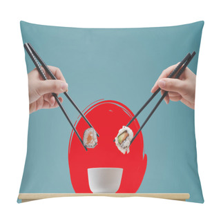 Personality  Man And Woman Eating Sushi Together Using Chopsticks, Asian Cuisine Concept Pillow Covers