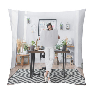 Personality  African American Architect Holding Project While Leaning On Desk At Home Studio Pillow Covers