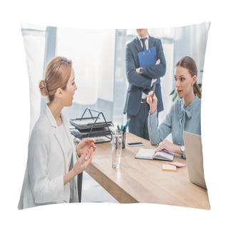 Personality  Attractive Woman Talking With Recruiter Near Coworker During Job Interview  Pillow Covers