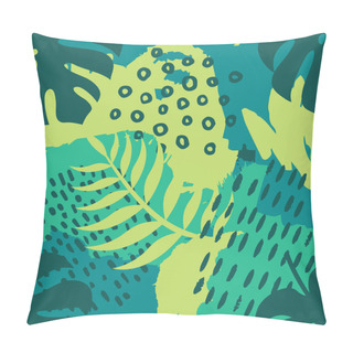 Personality  Abstract Summer Tropical Seamless Pattern With Exotic Leaves, Lines, Spots, Dots. Brush Strokes Effect. Hand Drawn Abstract Background. Scandinavian Style. Vector Illustration Pillow Covers