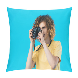 Personality  Curly Teenager Taking Picture On Film Camera Isolated On Blue Pillow Covers