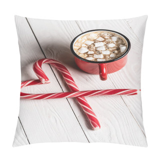 Personality  Red Cup Of Cocoa Near Christmas Candy Canes In Shape Of Love Symbol Pillow Covers