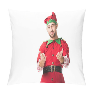 Personality  Smiling Man In Christmas Elf Costume With Outstretched Hands Gesture Isolated On White Pillow Covers