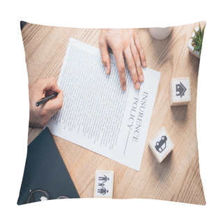 Personality  Cropped View Of Lawyer Signing Insurance Policy Agreement Near Plant, Glasses, Notebook And Wooden Cubes With Family, Car And House Pillow Covers
