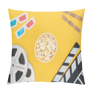 Personality  Top View Of Clapperboard, Film Reels, 3d Glasses, Cinema Tickets And Popcorn Bucket Isolated On Yellow Pillow Covers