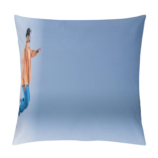 Personality  A Man In An Orange Shirt And Blue Pants Is Joyfully Jumping In The Air. Pillow Covers