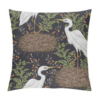 Personality  Seamless Pattern With Heron Bird, Nest And Swamp Plants. Marsh Flora And Fauna. Isolated Elements Vintage Hand Drawn Vector Illustration In Watercolor Style Pillow Covers