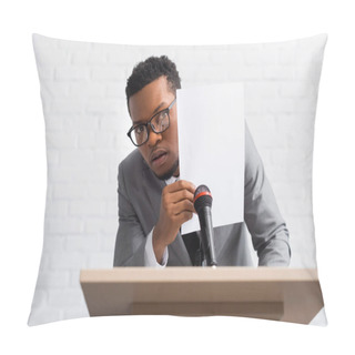 Personality  Scared African American Speaker Hiding Behind Paper During Business Conference Pillow Covers