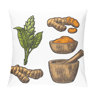 Personality  Turmeric Root, Powder And Flower With Pestle And Mortar. Pillow Covers