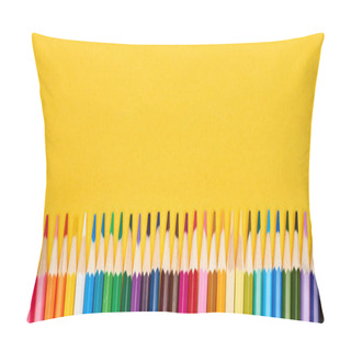 Personality  Panoramic Shot Of Straight Line Of Color Pencils Isolated On Yellow Pillow Covers