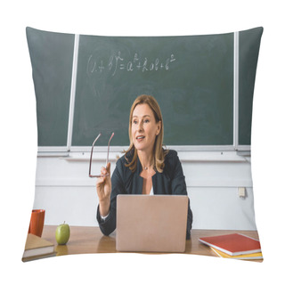 Personality  Female Teacher Sitting At Computer Desk, Holding Glasses And Talking In Classroom  Pillow Covers