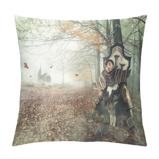 Personality  Young Man Cosplaying With Fantasy Knight Costume Resting In A Dark Forest Pillow Covers