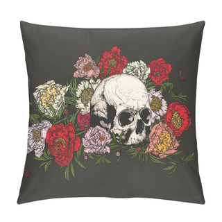 Personality  Skull Surrounded By Peonies . Pillow Covers